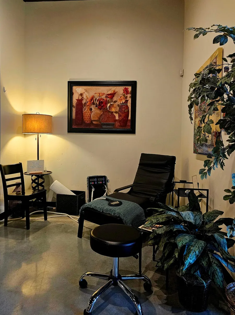 A comfortable treatment recliner in a quiet room
