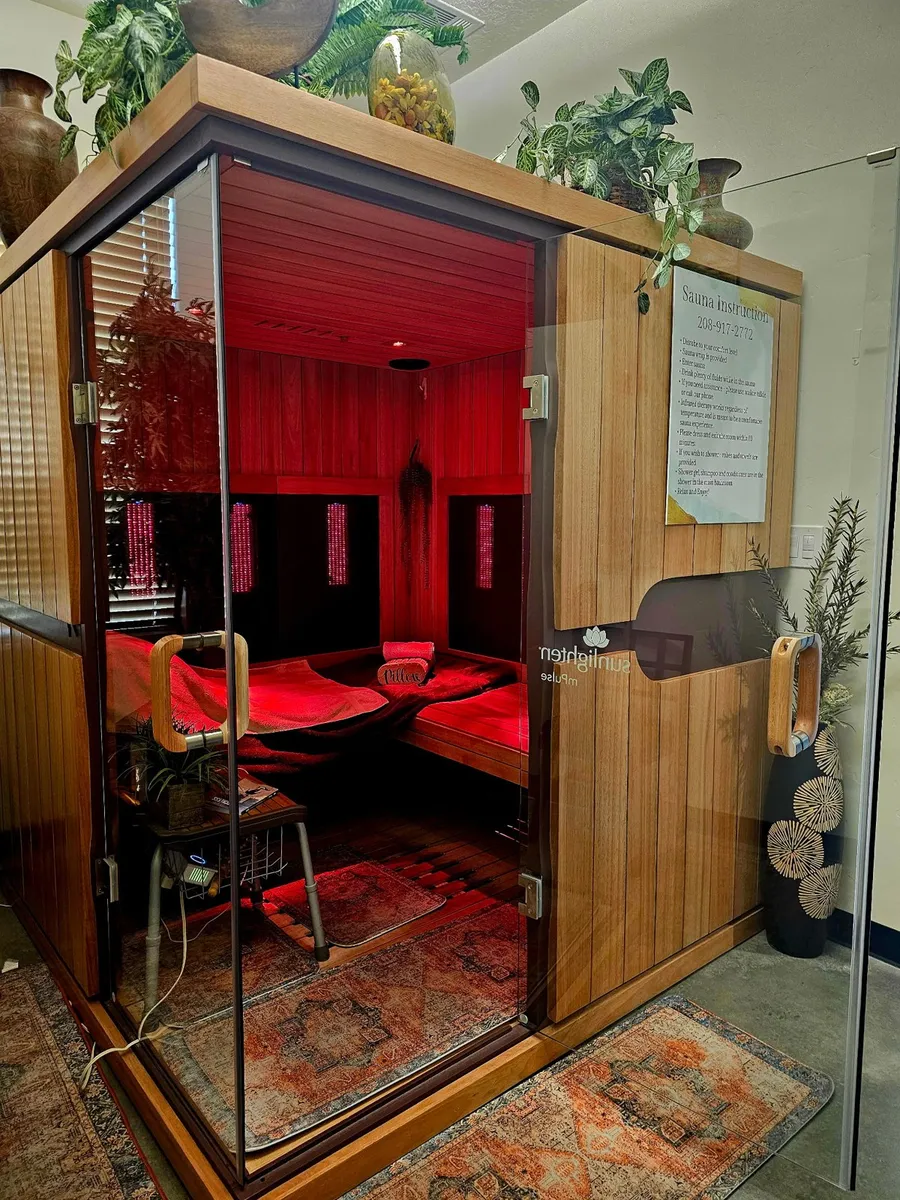 The infrared sauna cabin glowing red